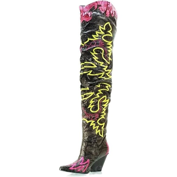 Women Multi Fabric Thigh High Over The Knee Pointed Toe Chunky Heel Fashion Boot - Picture 1 of 2